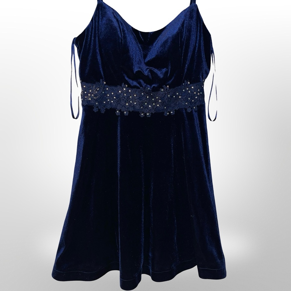 City Studio Navy Velvet Mini Dress Size 9/10 Cowl Neck Beaded Waist Fit & Flare